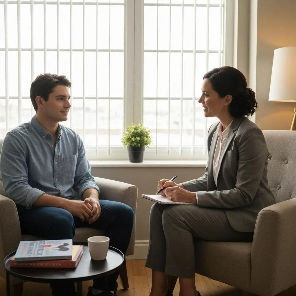 A therapist and client engaged in a counseling session focused on integrated dual diagnosis treatment.