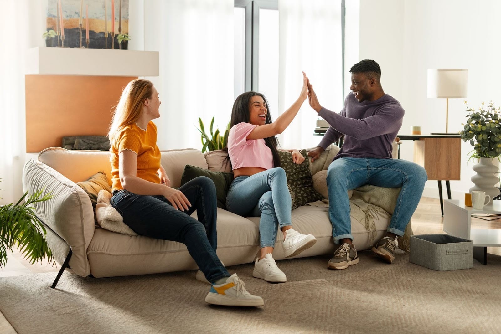 Housemates in sober housing connecting and supporting each other in a comfortable, substance-free home