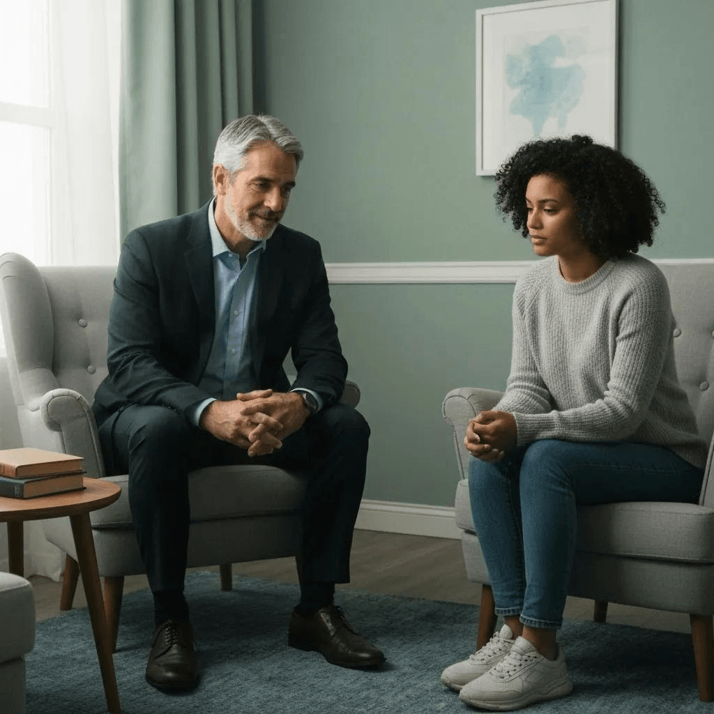 A therapist engaging in a counseling session with a client, focusing on the integrated treatment of mental health and addiction for dual diagnosis