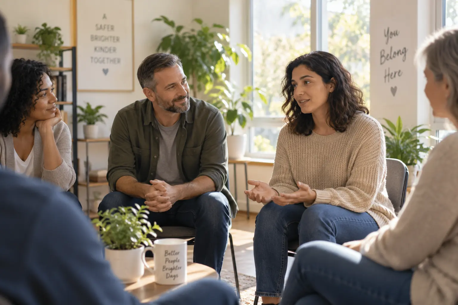 A small group sits together in a sunlit room during a support group conversation.